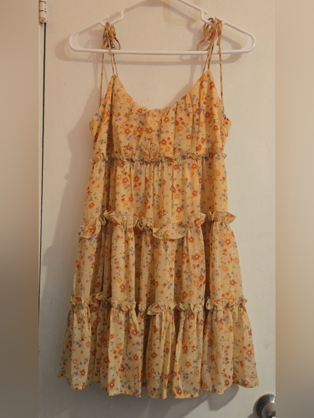 Skylar + Madison Yellow Floral Tiered Sundress with Tie Straps SIZE LARGE